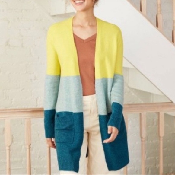 A New Day Colorblock Open Front Long Cardigan Sweater Size S Yellow Teal - Picture 1 of 6